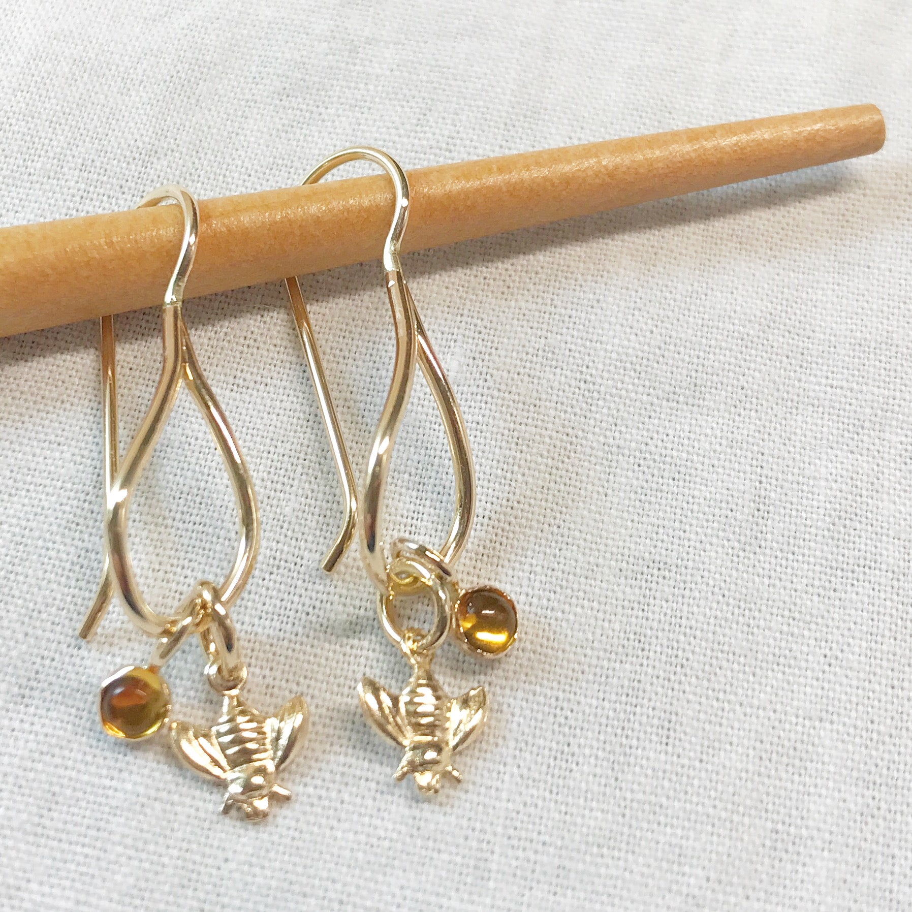 Honey Bees: 14/20 Gold-filled earrings with bee charm and citrine
